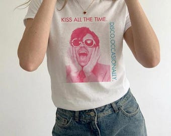 retro kissco baby tee, styles shirt, disco occasionally merch, together tour outfit, harry crop top