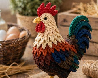 Rooster Crochet Pattern Amigurumi, Farm Chicken Plush Toy, Rustic Farmhouse Decor (PDF Download)