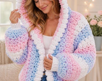 Pastel Hexi Cardigan Crochet Pattern, Chunky Oversized Hooded Sweater (PDF Download)