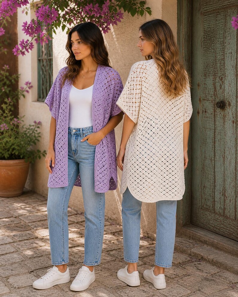May include: Two women wearing open-front crochet cardigans. One is a light purple color, and the other is off-white. Both are paired with light blue jeans and white sneakers. The background includes a stone walkway, a wooden door, and flowering plants.