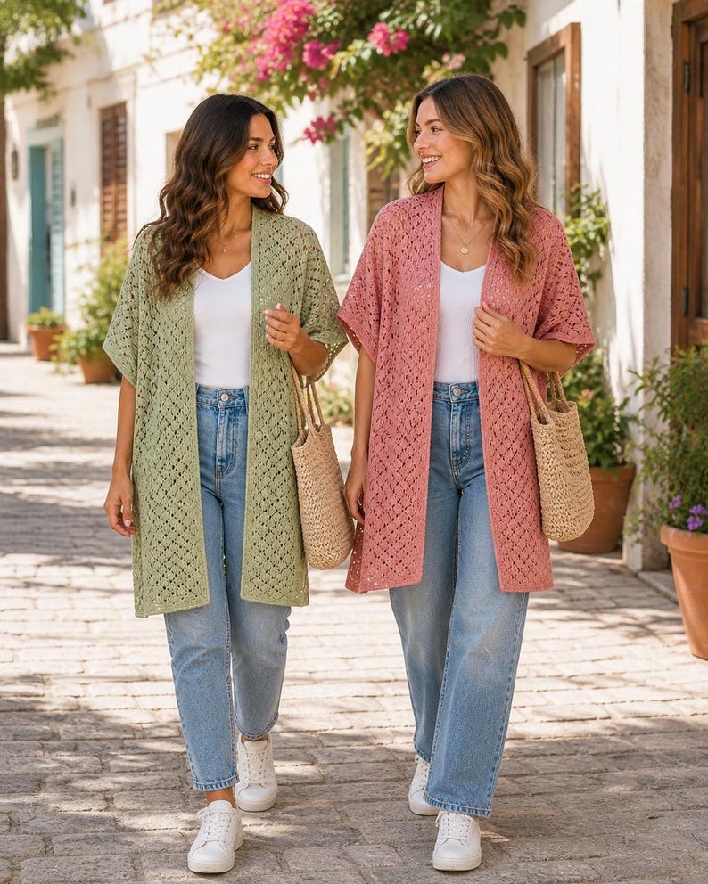 May include: Two women walking outdoors, each wearing a long, open-front cardigan. One cardigan is a soft green, the other is a dusty rose. Both are paired with light wash jeans, white tops, and straw tote bags. The cardigans have a delicate, open-knit design.