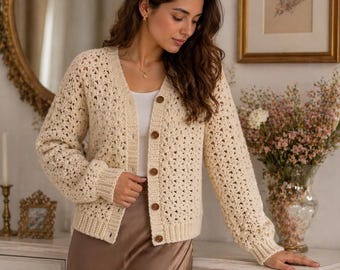 Petal Loop Stitch Crochet Cardigan Pattern (PDF), Textured Boho Sweater DIY Clothing