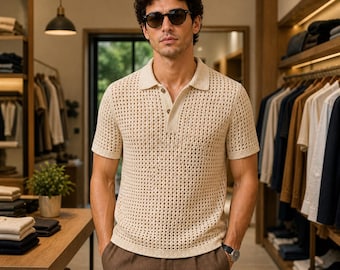 Mens Crochet Polo Shirt Pattern PDF, Mesh Crochet Shirt Pattern, Button Polo Top with Pockets DIY Summer Wear