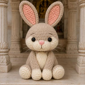 Könnte beinhalten: Ein handgehäkelter Hase mit beigem Körper, cremefarbenen Pfoten und rosa Innenohren. Der Hase hat schwarze Augen, eine rosa Nase und weiße Schnurrhaare. Er sitzt auf einer Steinoberfläche vor einem verzierten Hintergrund.
