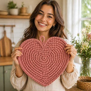 May include: A handmade, heart-shaped, crochet trivet in a dusty rose color. The trivet features a looped handle for hanging and a spiral design. This kitchen accessory is perfect for protecting surfaces from hot dishes.