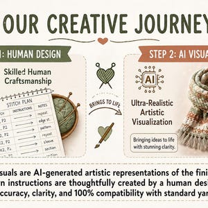 May include: An illustrated graphic detailing the creative process, from human design to AI visualization. The image includes a stitch plan, yarn, a scarf, and a teddy bear. Text reads "Our Creative Journey."