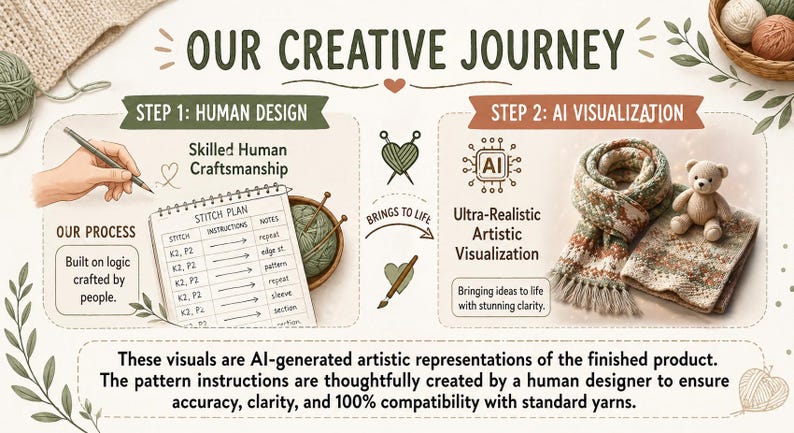 May include: An illustrated graphic detailing the creative process, from human design to AI visualization. The image includes a stitch plan, yarn, a scarf, and a teddy bear. Text reads "Our Creative Journey."
