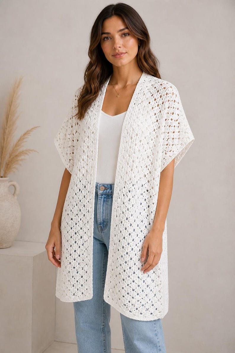 May include: A white, open-front crochet cardigan with short sleeves. The long, lightweight garment has a delicate, open weave design. The cardigan is worn over a white tank top and blue jeans. The overall style is casual and bohemian.