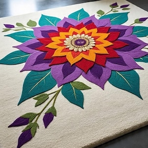 Puede incluir: Una alfombra rectangular con un gran diseño floral colorido. La flor tiene capas de pétalos rojos, naranjas, amarillos y morados, con hojas turquesas y tallos verdes. El fondo de la alfombra es beige neutro.