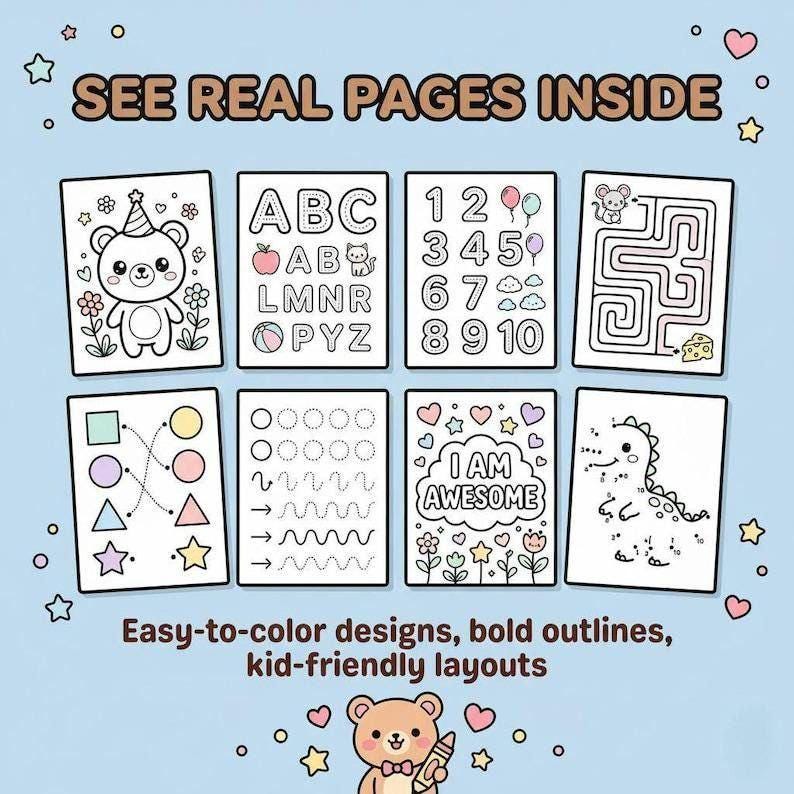Puede incluir: Una colecci&oacute;n de ocho p&aacute;ginas para colorear con contornos gruesos y diversas actividades que incluyen el alfabeto, n&uacute;meros, un laberinto, formas, l&iacute;neas para trazar, un dinosaurio y un oso. El texto dice SEE REAL PAGES INSIDE.