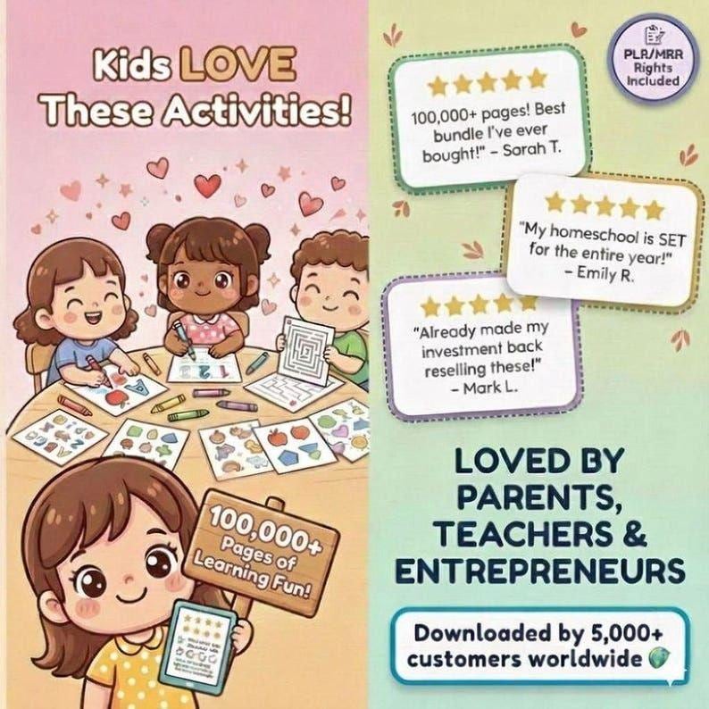 Puede incluir: Un paquete de actividades educativas digitales con ni&ntilde;os de dibujos animados dibujando y resolviendo acertijos. Incluye texto: Kids LOVE These Activities!, 100,000+ Pages of Learning Fun!, PLR/MRR Rights Included y testimonios de usuarios.