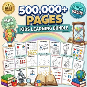 Puede incluir: Un paquete de aprendizaje para niños con el texto "500.000+ PÁGINAS". La imagen muestra materiales educativos como ejercicios de alfabeto, páginas para colorear y hojas de cálculo. También se muestra un globo aerostático, un reloj de arena y un globo terráqueo.