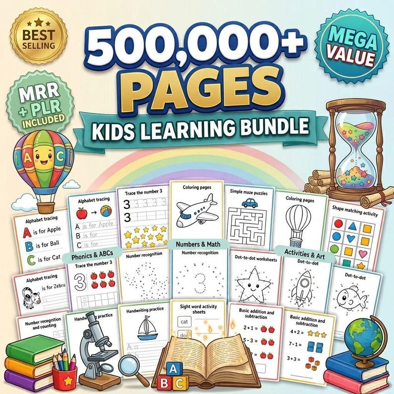 Puede incluir: Un paquete educativo digital para ni&ntilde;os con m&aacute;s de 500,000 p&aacute;ginas de contenido. La imagen muestra varias hojas de trabajo que incluyen el alfabeto, matem&aacute;ticas, ejercicios de unir puntos y colorear, junto a iconos de globo aerost&aacute;tico y libros.