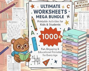 May include: A digital download bundle featuring a central sign titled Ultimate Worksheets Mega Bundle with 1000+ printable activities. The design includes a cartoon bear reading a book, a stack of colourful books labelled math, reading, and writing.