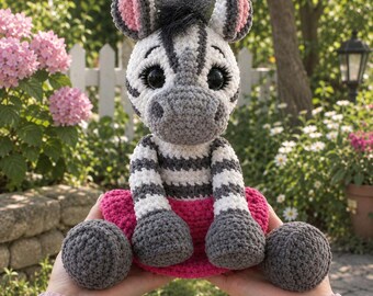 May include: A crocheted zebra plush toy featuring a white and grey striped body, large black eyes with long lashes, a small tuft of black hair on its head, pink inner ears, and a bright pink skirt. The zebra is sitting with its grey hooves forward.