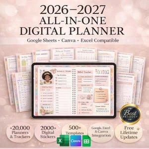 May include: A digital planner for 2026-2027, compatible with Google Sheets, Canva, and Excel. The image shows a tablet displaying the planner's interface, surrounded by various planner pages. Includes +20,000 planners & trackers, 2000+ digital stickers, and 500+ templates.