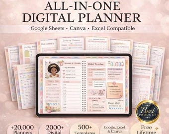 Puede incluir: Un planificador digital todo en uno 2026-2027 en una pantalla de tableta, con rastreador de hábitos, horario diario y páginas de seguimiento de objetivos. El set incluye más de 20,000 planificadores, 2,000 pegatinas digitales y 500 plantillas compatibles con Google Sheets, Excel y Canva.