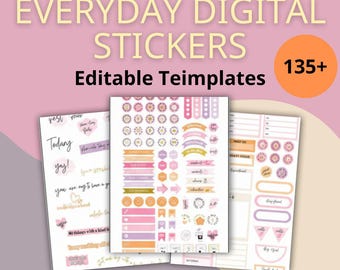 May include: A collection of digital sticker sheets featuring various planner elements, icons, and text labels in pastel pink, orange, and purple tones. The text reads PLR + RESELL EVERYDAY DIGITAL STICKERS Editable Templates 135+.
