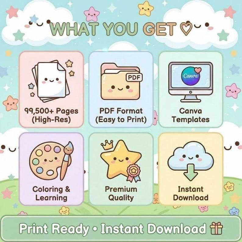 Puede incluir: Un gr&aacute;fico de informaci&oacute;n de producto digital titulado WHAT YOU GET con seis cuadrados de colores pastel que presentan iconos lindos: una pila de papeles, una carpeta PDF, una pantalla de computadora, una paleta de pintura, una estrella y una nube.