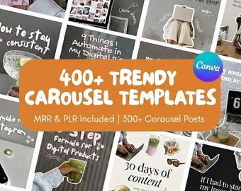 Puede incluir: Una colección digital de más de 400 plantillas de carrusel de tendencia para redes sociales, con varios diseños gráficos, superposiciones de texto e imágenes de estilo de vida. La pancarta naranja central muestra el texto 400+ TRENDY CAROUSEL TEMPLATES.