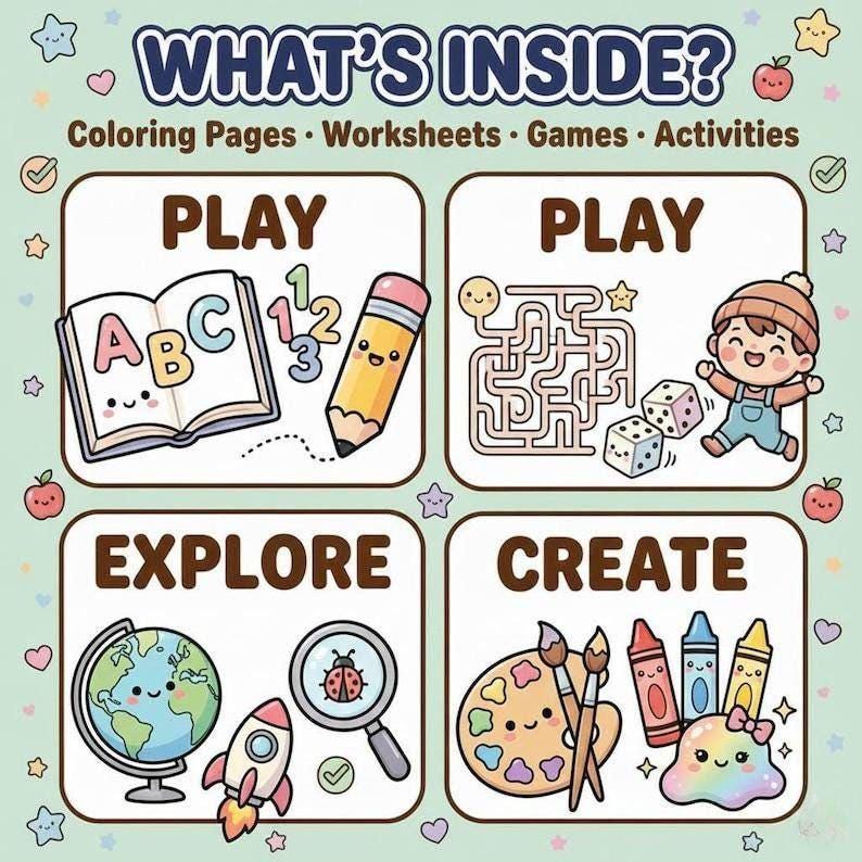 Puede incluir: Una hoja de actividades digital titulada WHAT'S INSIDE? con cuatro secciones: PLAY con un libro ABC y l&aacute;piz, PLAY con laberinto y dados, EXPLORE con globo terr&aacute;queo y lupa, y CREATE con paleta de pintura, pinceles y crayones.