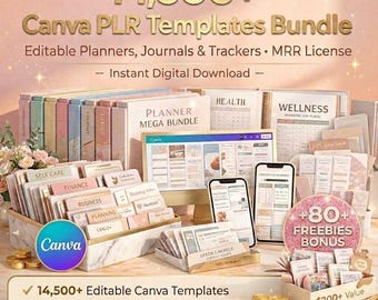 Puede incluir: Un paquete de productos digitales con más de 14,500 plantillas Canva PLR editables para planificadores, diarios y rastreadores. Incluye licencia MRR, descarga instantánea y más de 80 obsequios. La imagen muestra conjuntos de documentos, un monitor y dispositivos móviles.