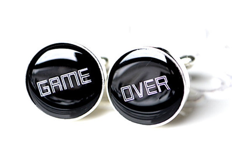 Game over cufflinks mens accessories inspired by video games Black and white video font gamer cufflinks
