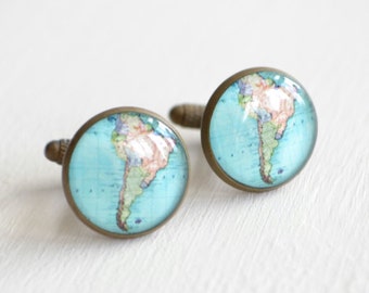 Map Cufflinks - South America, brass cufflinks, Vintage Map Jewelry Accessories