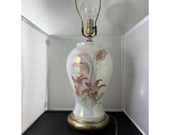 Abajur de mesa vintage grande estilo anos 80 com motivos chineses e flores, em formato de jarro de gengibre, estilo Hollywood Regency.