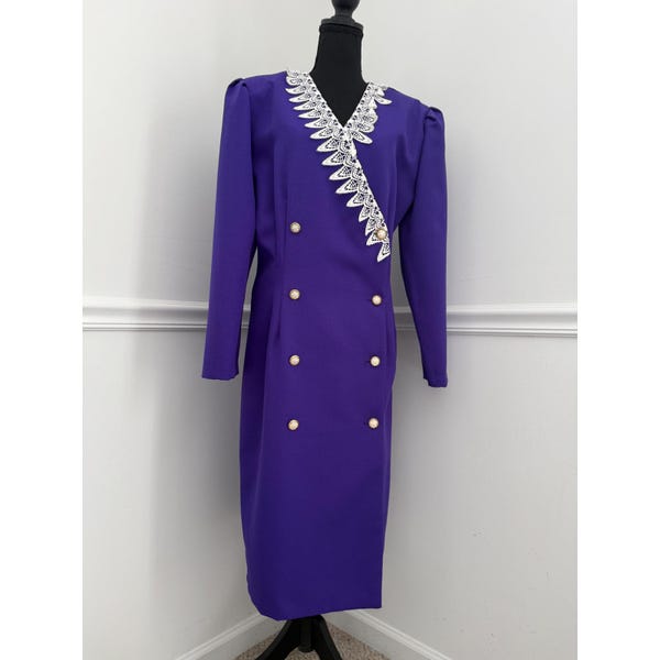 80s Vintage Purple Power Dress with Lace Trim Secretary Core Torino Fashions XL