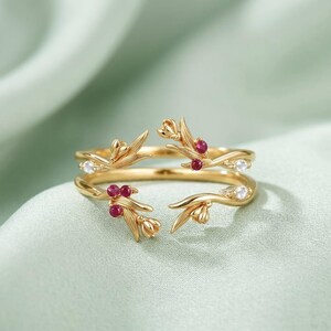 Natural Moonstone Ruby Tulip Enhancer Wedding Band Double Curved Flower Wedding Band 10K Solid Gold Nature Leaf Wedding Ring Guard for Women