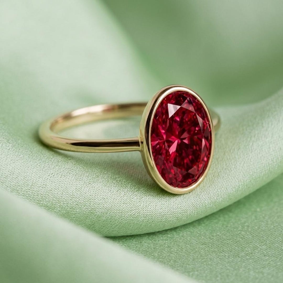 Oval Ruby Engagement Ring, Bezel Set Solitaire Gold Ring, Anniversary ...