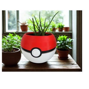 May include: A red, white, and black Poké Ball-shaped planter, containing a green plant with long, slender leaves. The planter is on a wooden surface, with other potted plants visible in the background near a window.