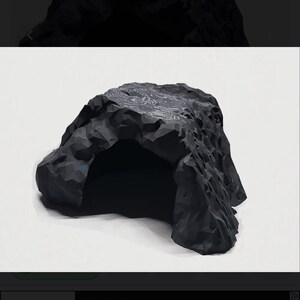 May include: Black reptile hide or cave with a textured surface. The cave has a large opening and a detailed, rock-like appearance. The design integrates well into naturalistic terrarium setups.