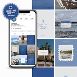 Op de afbeelding: Een smartphone toont een Instagram-profiel met een blauw-witte esthetiek. Het profiel, "loumia.studio", presenteert visuele sjablonen en bronnen. De afbeelding bevat tekst: "4 MAANDEN CONTENT, 100+ visuals" en "3 gewoonten om stress op natuurlijke wijze te verminderen."