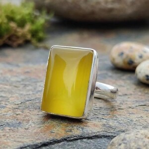925 Sterling Silver Rectangular Yellow Chalcedony Ring, Handmade Minimalist Gemstone Statement Jewelry Gift