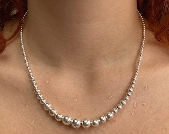 925 Sterling Silver Graduated Bead Necklace • High Polish Ball Choker • Minimalist Statement Jewelry