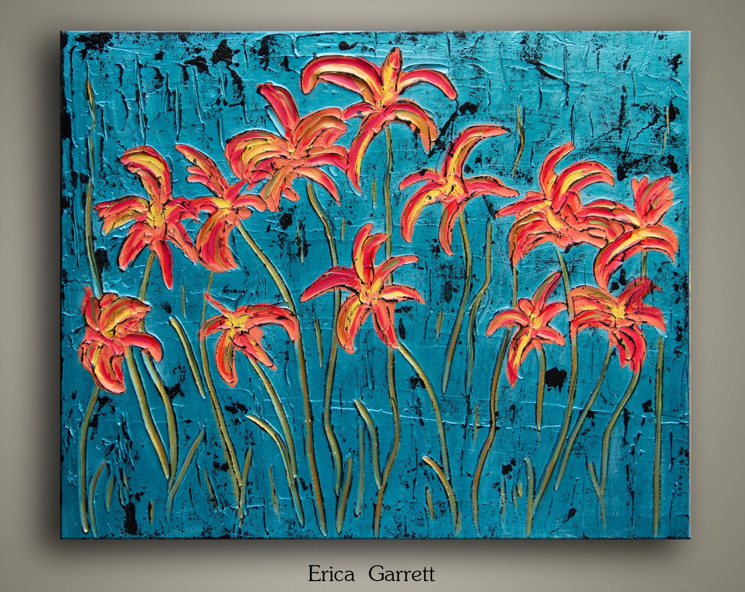Teal Abstract Painting Yellow and Red Flower Painting Teal Etsy