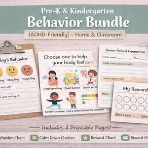 May include: A Pre-K & Kindergarten Behaviour Bundle with four printable pages. Includes a behaviour chart, calm down choices, a reward chart, and a home-school connection sheet. The bundle is ADHD-friendly for home and classroom use.