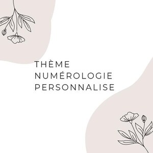 Peut inclure: Fond beige clair avec des illustrations florales et célestes en noir. Le texte "Thème Numérologie Personnalisé" est centré. Le design comprend des mains tenant un croissant de lune.