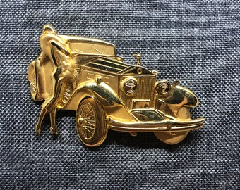 Signed and Faux Currency Rolls Royce Grill AJC Rich and Famous Matte and Shiny Goldtone Pin with Money Bag Rhinestones