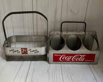 Vintage Coca-Cola and 7 Up Aluminum 6-pack Carrier Tote Holder