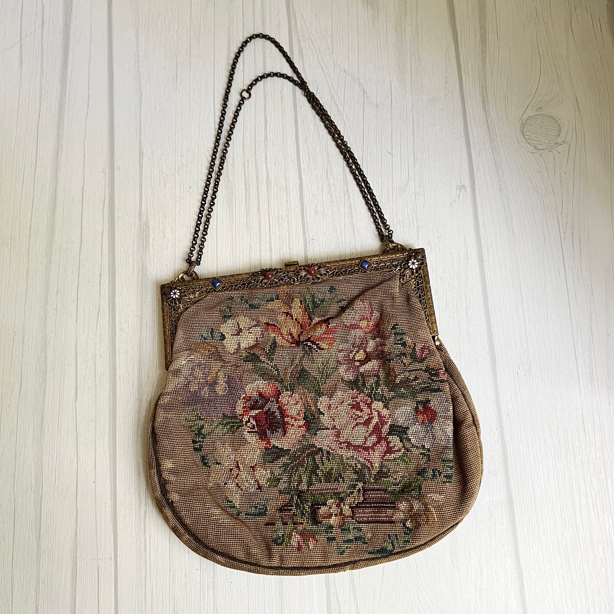 バッグ antique Petit Point bag Antique Petit Point Seed Stitch & Embroidery Flower