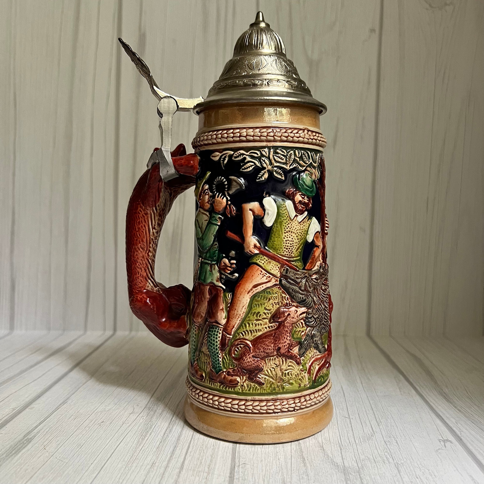 Gerz Original West Germany Stein Fox Handle Boar Hunt Pewter Top