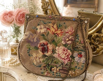Antique Petit Point Purse Floral Tapestry Jeweled Frame Chain Evening Handbag