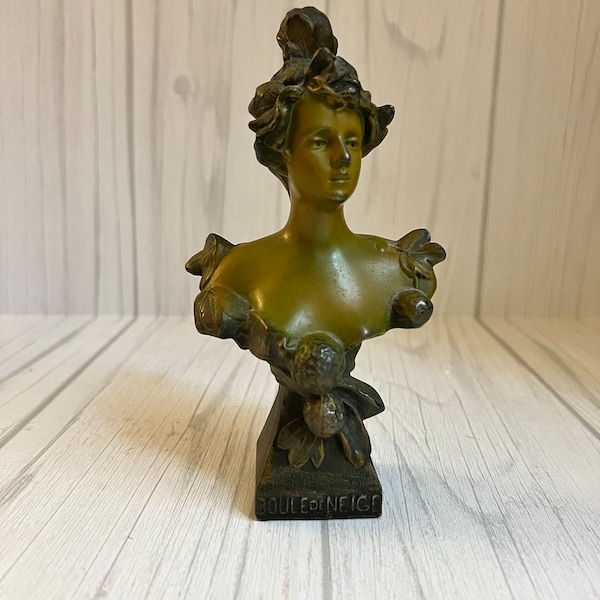 Vintage Spelter French Victorian Lady Sculpture Boule de Neige, Bust Figurine
