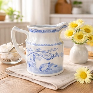 May include: White ceramic pitcher with blue floral and bird design. The pitcher has a curved handle and spout. A small white vase with yellow flowers sits next to the pitcher. The pitcher is on a beige linen napkin on a wooden table.