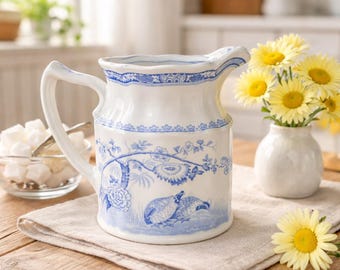 Antique Furnivals Pitcher Quail Floral Transferware English Ironstone Farmhouse Decor