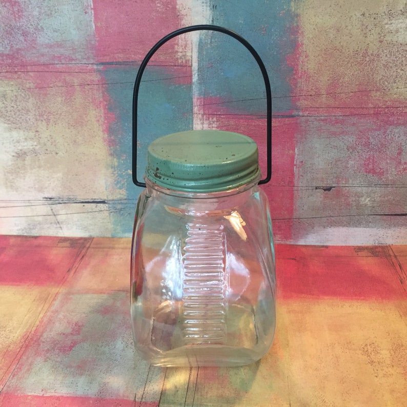 Vintage Glass Jar With Handle Metal Lid and Graphics Etsy