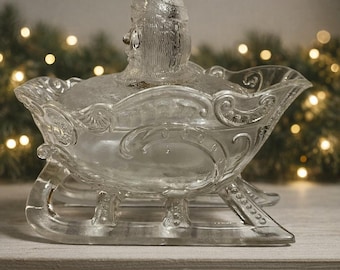 Westmoreland Clear Glass Christmas Santa Sleigh Covered Candy Dish Christmas